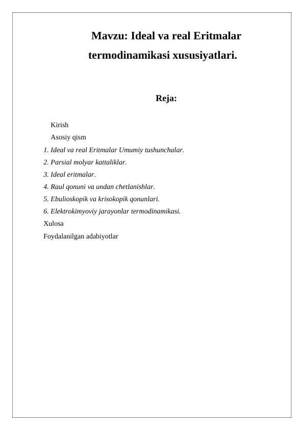 Ideal va real Eritmalar termodinamikasi xususiyatlari