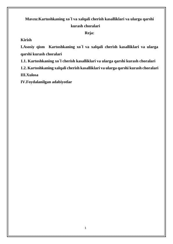 Kartoshkaning xo`l va xalqali cherish kasalliklari va ularga qarshi kurash choralari