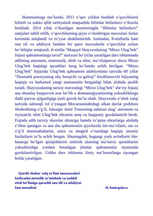 Mirzo Ulug’bek fojiasidagi qahramonlarga tavsif