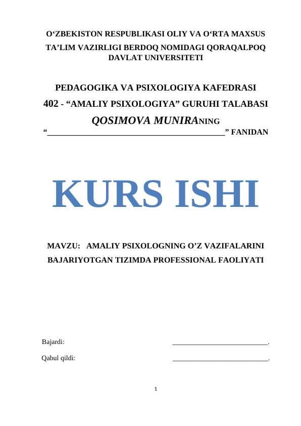 Amaliy psixologning o'z vazifalarini bajarayotgan tizimida professional faoliyati.