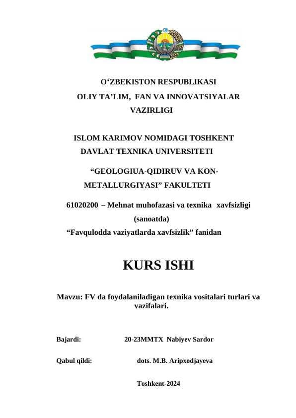 FV da foydalaniladigan texnik...  kurs ishi