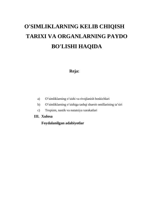 O'SIMLIKLARNING KELIB CHIQISH TARIXI VA ORGANLARNING PAYDO BO'LISHI HAQIDA