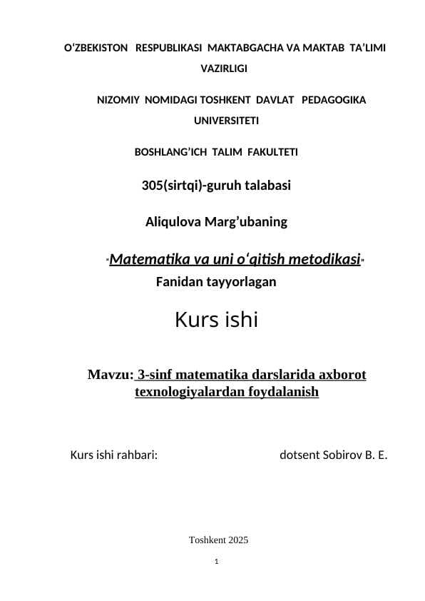 3-sinf matematika darslarida axborot texnologiyalaridan foydalanish