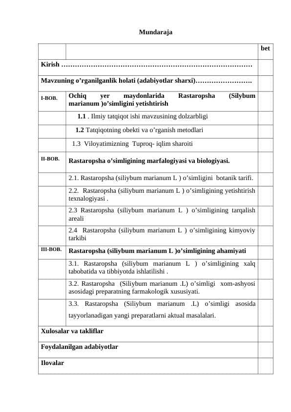 RASTOROPSHANINGI (SILYBUM MARIANUM) HOSILDORLIGIGA EKISH MUDDATLARINI TA’SIRI