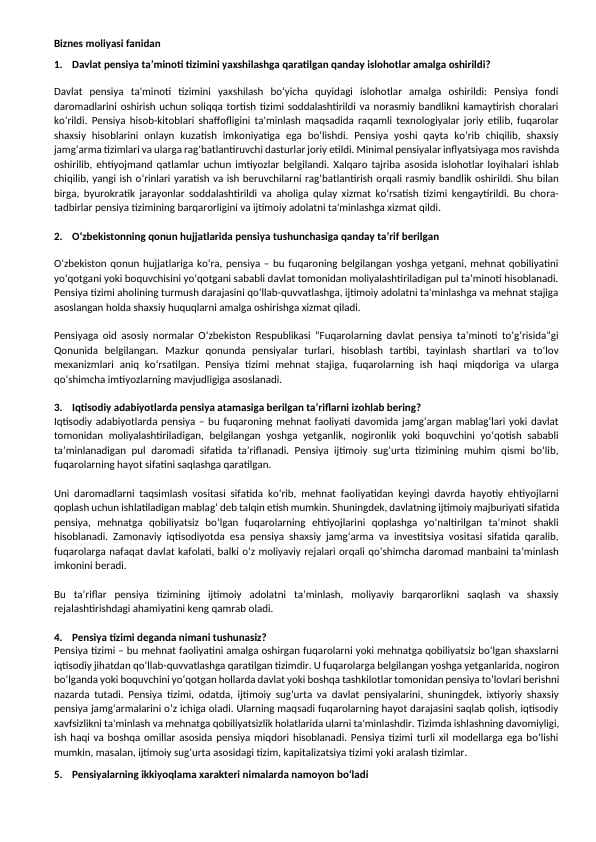 Pensiya Ishi Yakuniy savollari va Javoblari