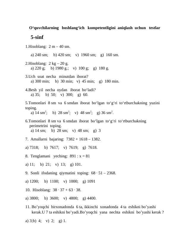 Matematika testlar