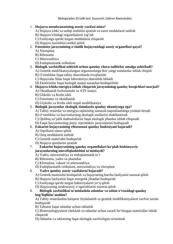 Biologiyadan 20 talik test