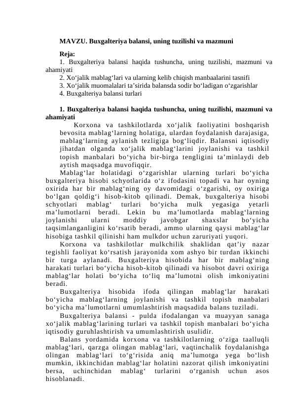 Buxgalteriya balansi, uning tuzilishi va mazmuni
