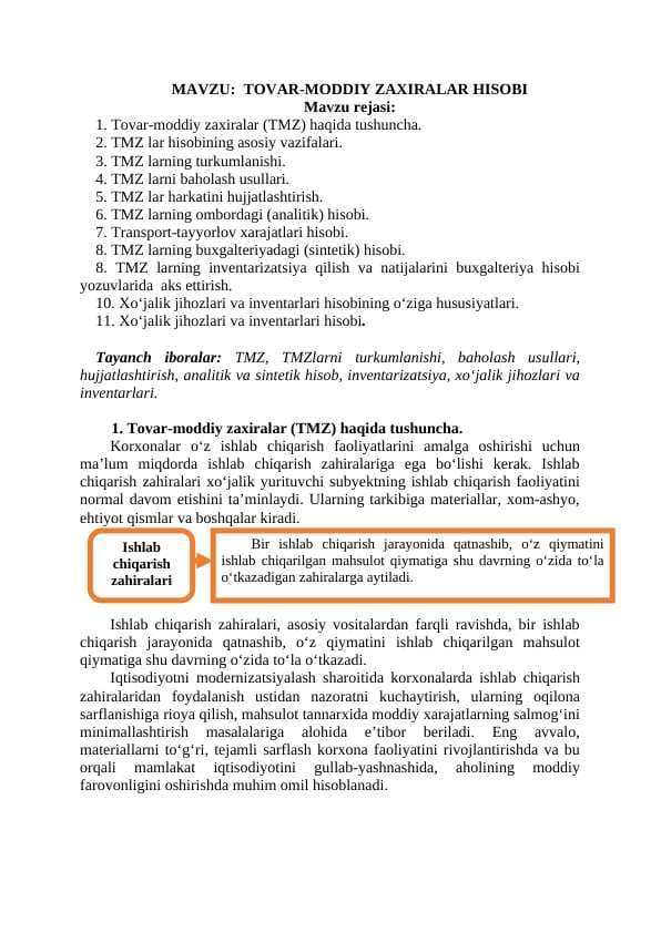 TOVAR-MODDIY ZAXIRALAR HISOBI