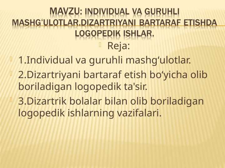 Individual va guruhli mashgʻulotlar.Dizartriyani bartaraf etishda logopedik ishlar.