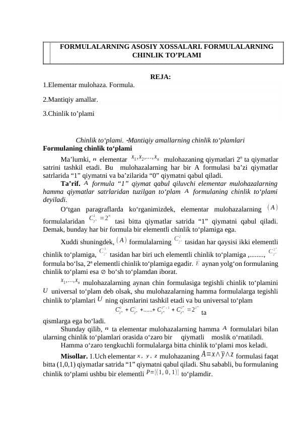 FORMULALARNING ASOSIY XOSSALARI. FORMULALARNING CHINLIK TO’PLAMI
