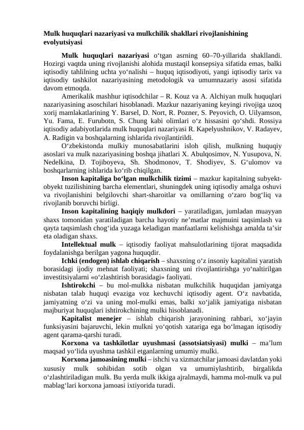 Mulk huquqlari nazariyasi va mulkchilik shakllari rivojlanishining evolyutsiyasi