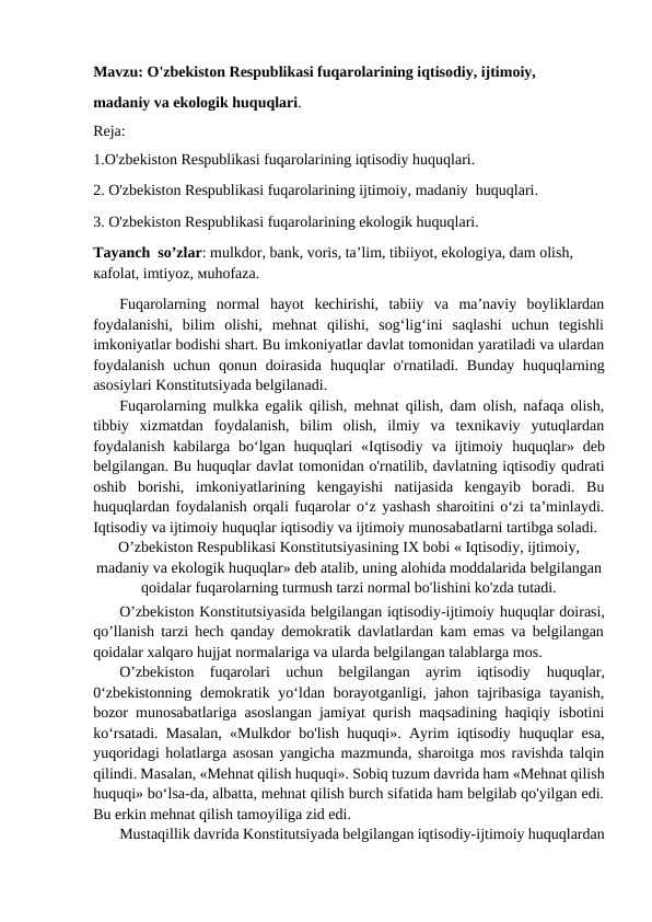 O'zbekiston Respublikasi fuqarolarining iqtisodiy, ijtimoiy, madaniy va ekologik huquqlari