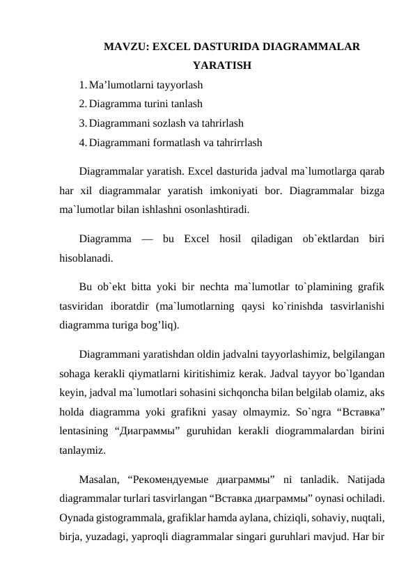 EXCEL DASTURIDA DIAGRAMMALAR YARATISH