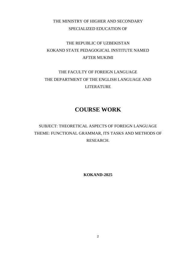 FUNCTIONAL GRAMMAR, ITS TASKS AND METHODS OF RESEARCH.