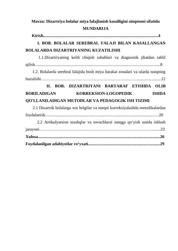 Dizartriya bolalar miya falajlanish kasalligini simptomi sifatida