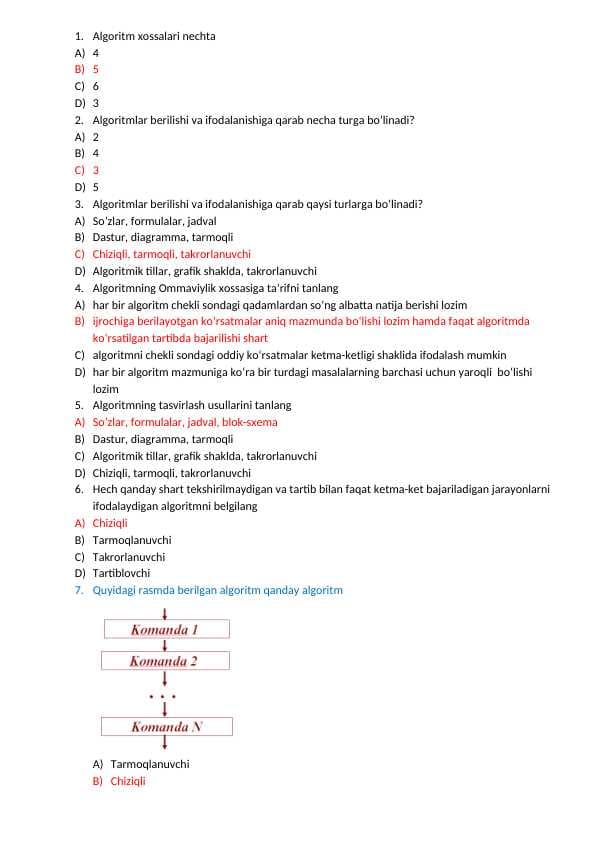 Algoritmni loyihalash Test + javoblar bilan