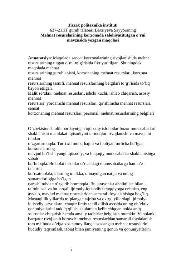 Mehnat resurslarining korxonada salohiyatitutgan o’rni