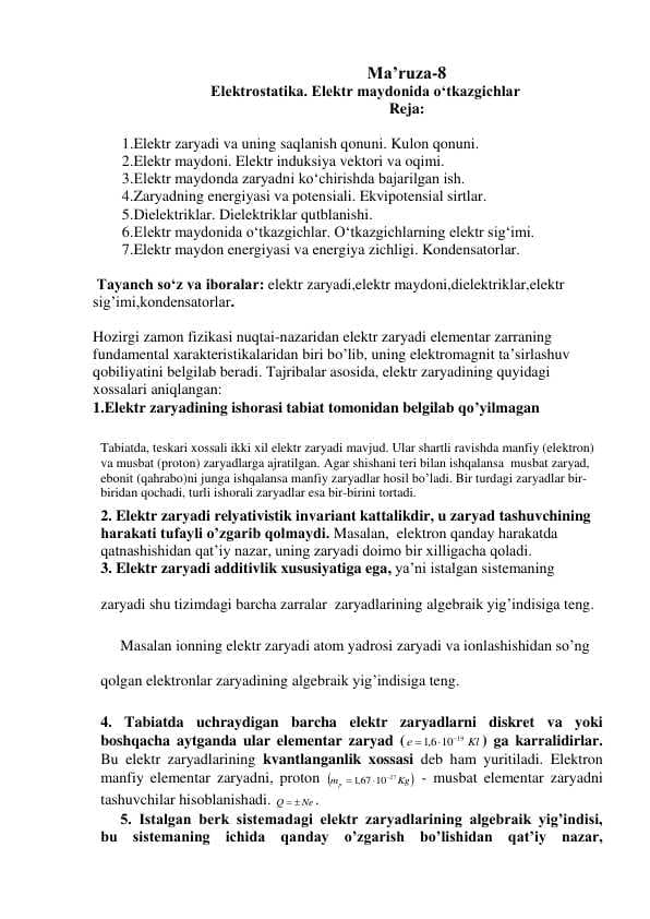 Elektrostatika. Elektr maydonida o‘tkazgichlar