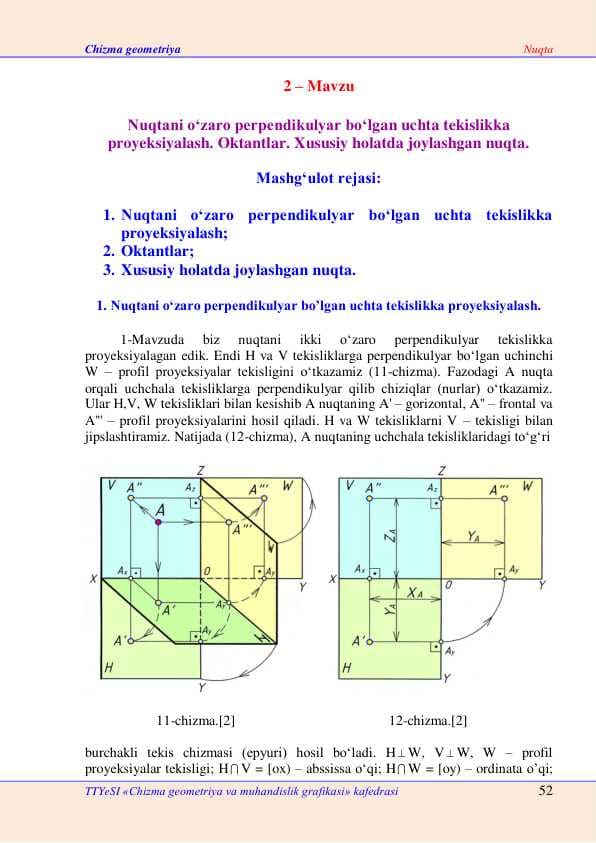 Nuqtani oʻzaro perpendikulyar boʻlgan uchta tekislikka  proyeksiyalash. Oktantlar. Xususiy holatda joylashgan nuqta.