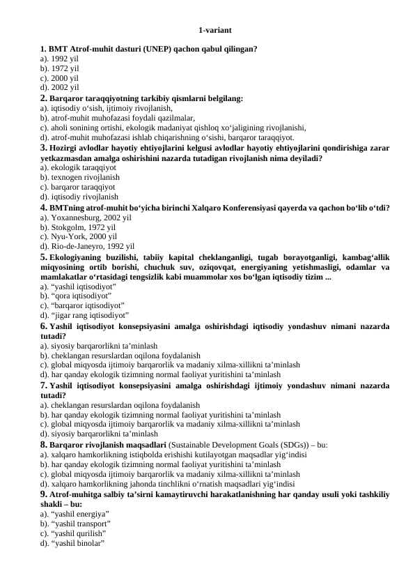 Yashil iqtisodiyot testlar 28ta variant