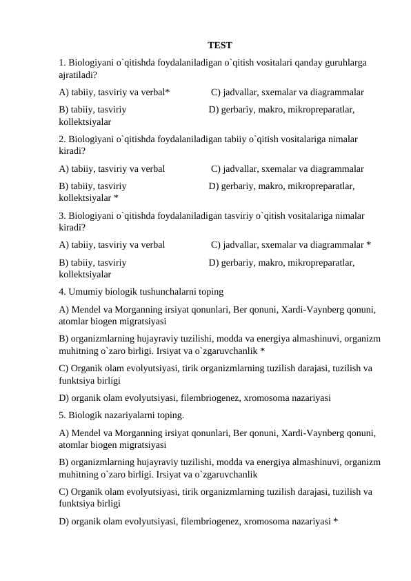 Biologiya o`qitish metodikasi Test