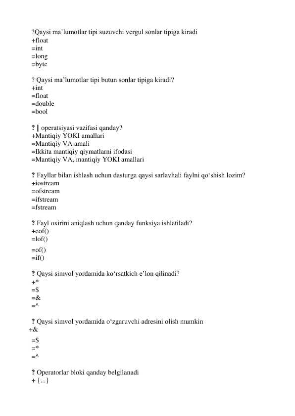 Dasturlash fani Php, Css, C++, Python test + javoblar bilan