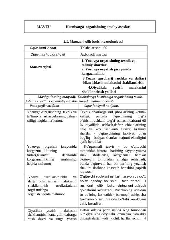 Husnixatga  o'rgatishning amaliy asoslari.