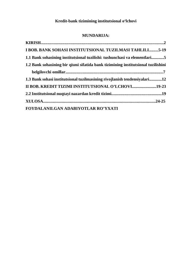 Kredit-bank tizimining institutsional oʻlchovi