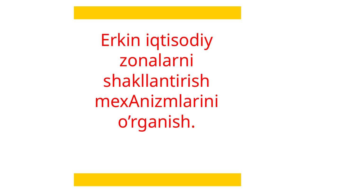 Erkin iqtisodiy zonalarni shakllantirish mexanizmlarini o‘rganish.