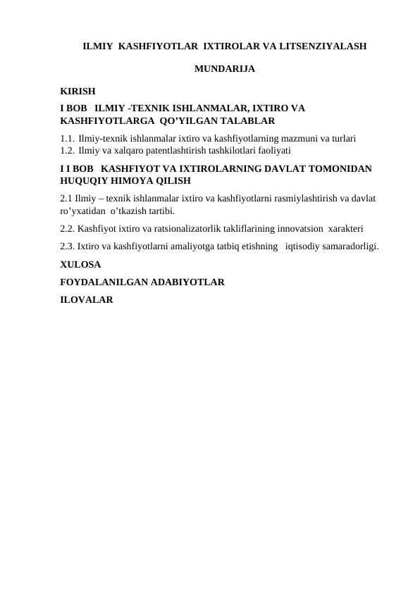 ILMIY  KASHFIYOTLAR  IXTIROLAR VA LITSENZIYALASH