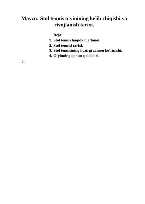Stol tennis o’yinining kelib chiqishi va rivojlanish tarixi