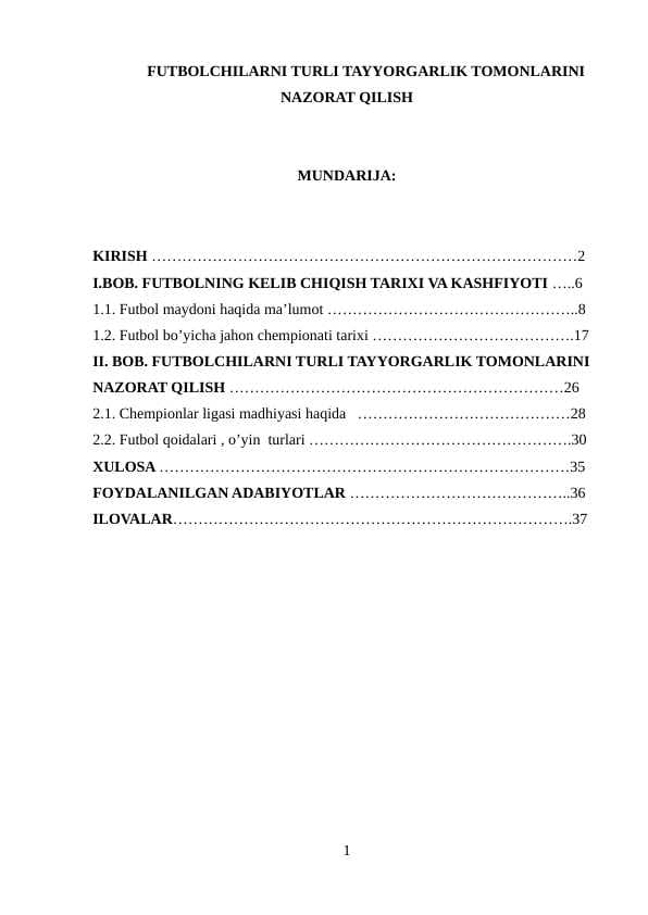 FUTBOLCHILARNI TURLI TAYYORGARLIK TOMONLARINI NAZORAT QILISH