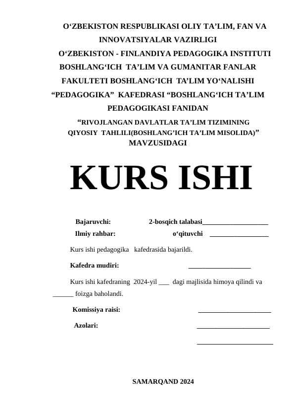 RIVOJLANGAN DAVLATLAR TA’LIM TIZIMINING QIYOSIY  TAHLILI(BOSHLANG’ICH TA’LIM MISOLIDA)”