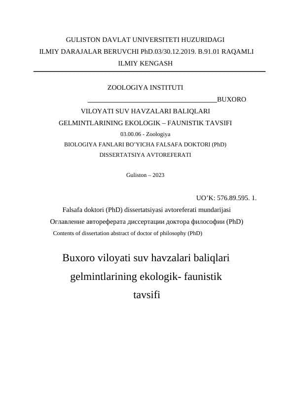 Buxoro viloyati suv havzalari baliqlari gelmintlarining ekologik- faunistik