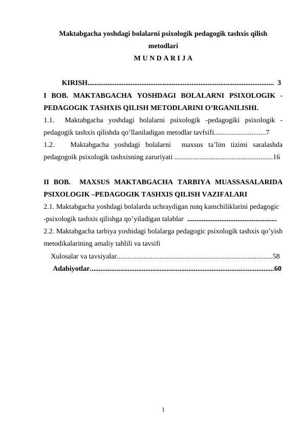 Maktabgacha yoshdagi bolalarni psixologik pedagogik tashxis qilish metodlari
