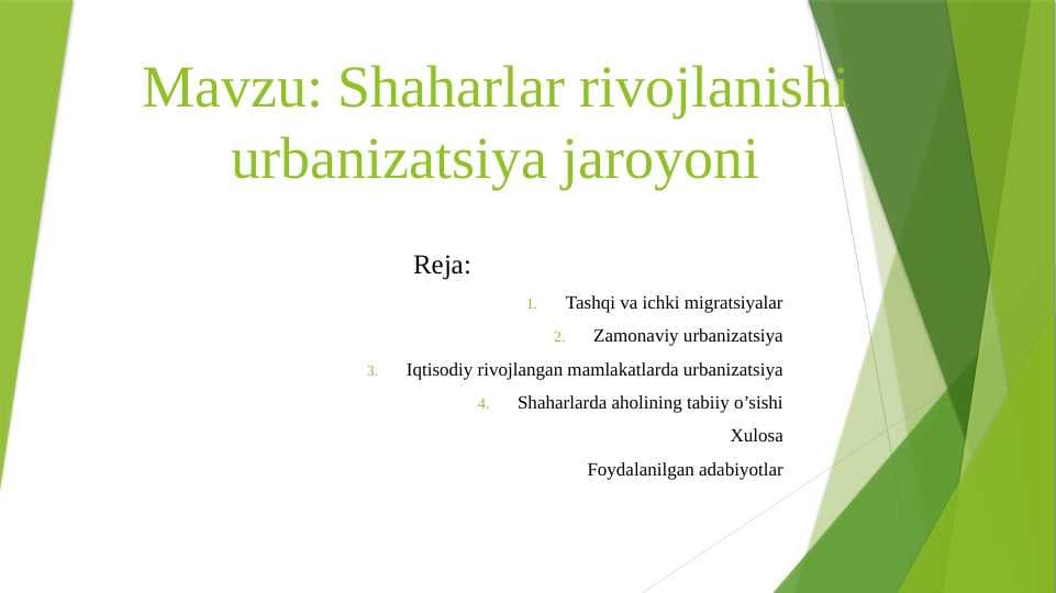 Shaharlar rivojlanishi urbanizatsiya darajasi