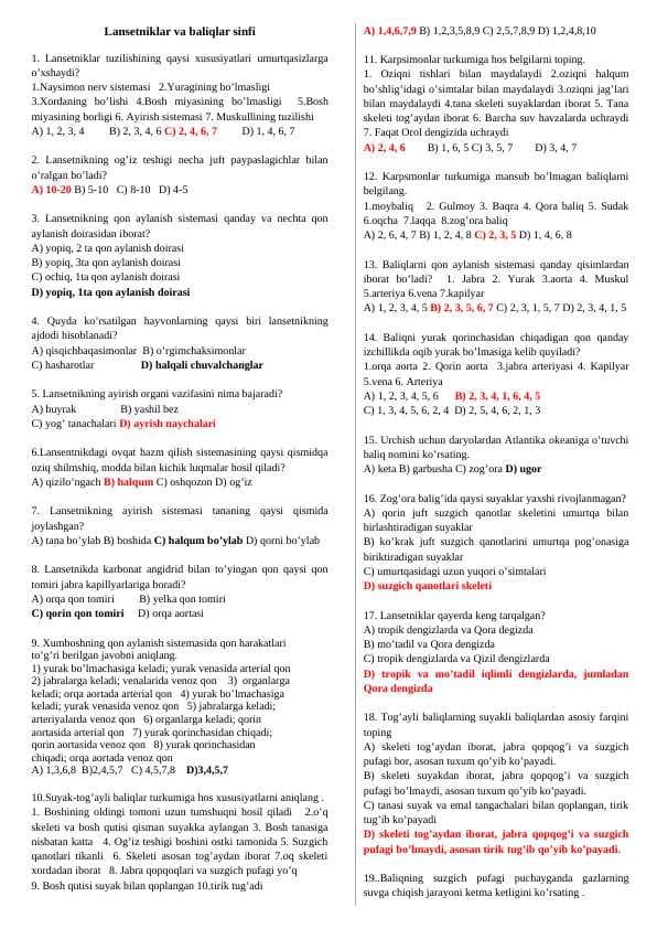 Lansetniklar va baliqlar sinfi