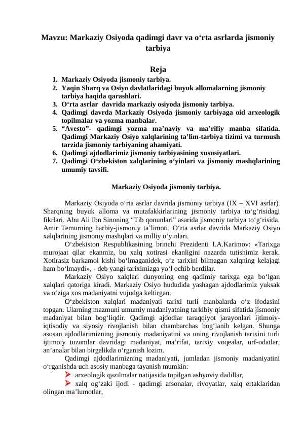 Markaziy Osiyoda qadimgi davr va o‘rta asrlarda jismoniy tarbiya