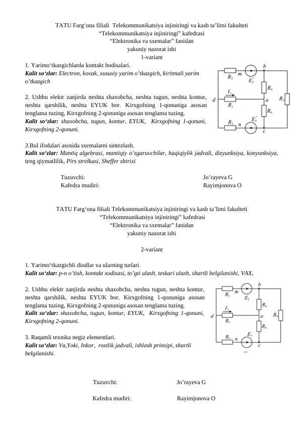 “Elektronika va sxemalar” fanidan yakuniy nazorat ishi