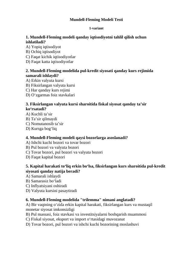 Mundell-Fleming Modeli Testi