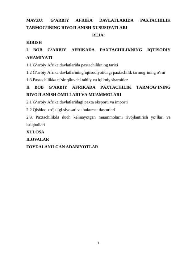 G‘arbiy afrika davlatlarida paxtachilik tarmog‘ining rivojlanish xususiyatlari