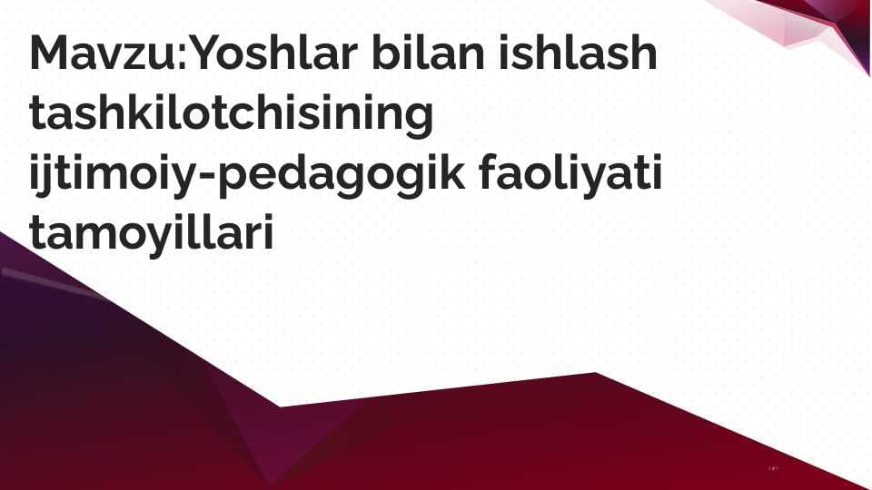 Yoshlar bilan ishlash tashķilotchisining    ijtimoiy-pedagogik  tamoyili