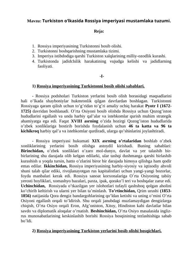 Turkiston o‘lkasida Rossiya imperiyasi mustamlaka tuzumi