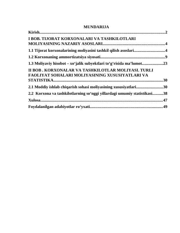 TIJORAT KORXONALARI VA TASHKILOTLARI MOLIYASI