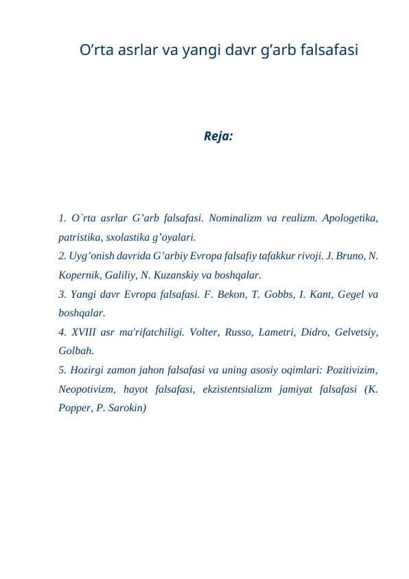 O’rta asrlar va yangi davr g’arb falsafasi