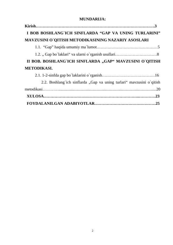 Boshlangʻich sinflarda "Gap"mavzusini oʻrgatish metodikasi