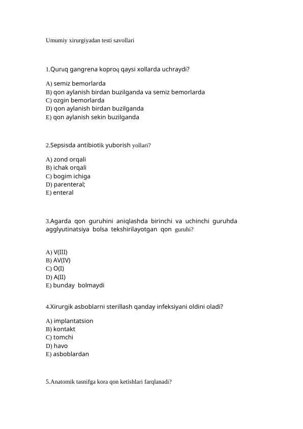 Umumiy xirurgiyadan test savollari