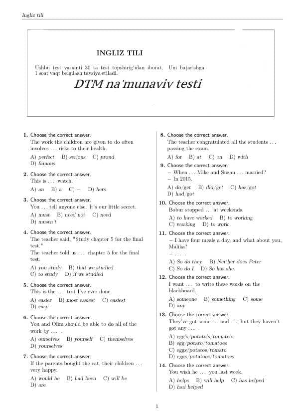 DTM INGLIZ tili 30 ta test