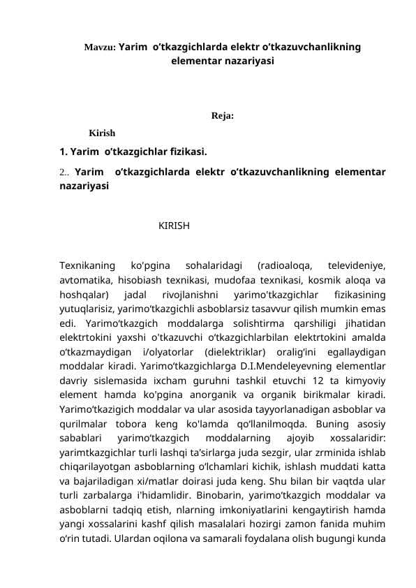 Yarim  o’tkazgichlarda elektr o’tkazuvchanlikning elementar nazariyasi
